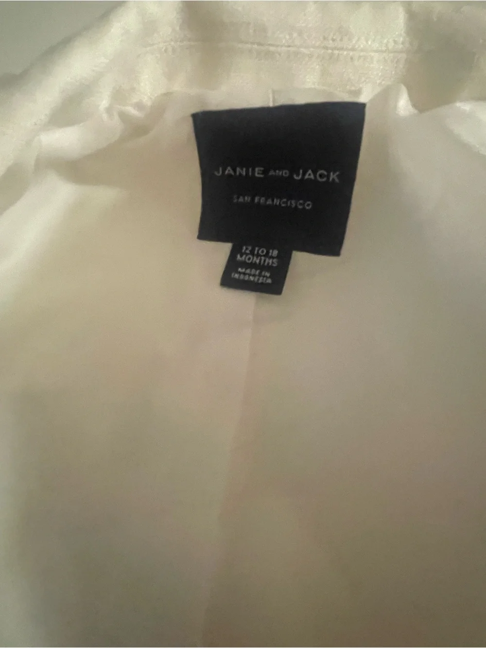 Janie and Jack Boys' Cream Notch Lapel Jacket. Size 12-18 months. Only worn once
